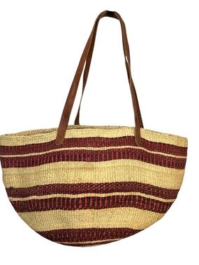 Bag Boho Market Tote Woven Sisal Leather Shoulder Straps Round Unlined Open Top